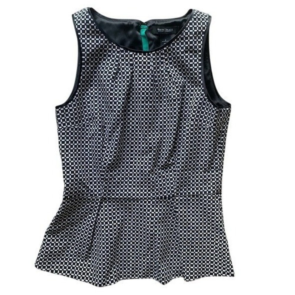 White House Black Market Black White Checkered Peplum Sleeveless Top Size 4